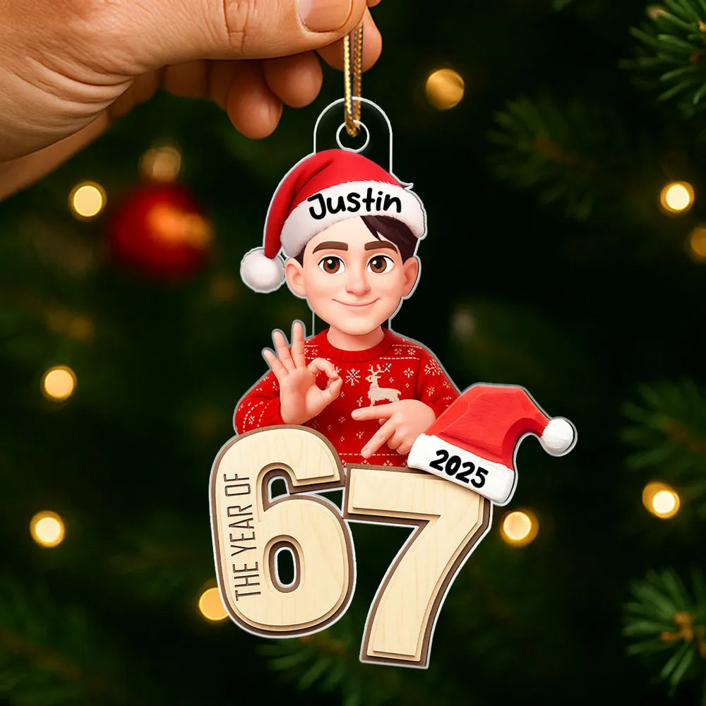 Personalized Acrylic Ornament with Cute Teen Six Seven Gesture – Gingerbread Number Christmas Decor & Unique Grandkid Gift