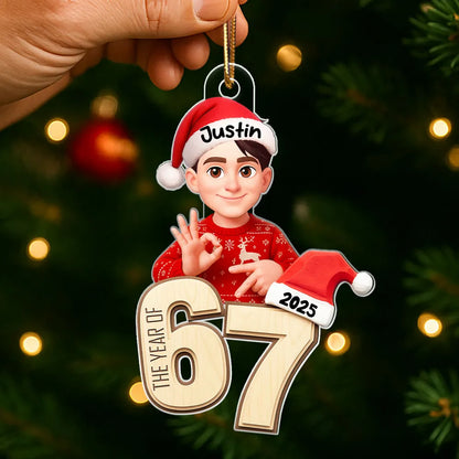 Personalized Acrylic Ornament with Cute Teen Six Seven Gesture – Gingerbread Number Christmas Decor & Unique Grandkid Gift