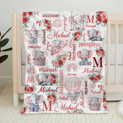 Custom Name Baby Fleece Blanket with Cute Pink Elephant Illustrations, Lightweight Cozy Throw, Adorable Personalized Gift
