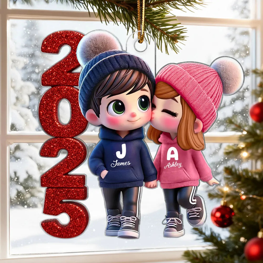Acrylic Ornament - Cute Couple Kiss, winter hats, Christmas tree decor, romantic keepsake, unique gift for couples