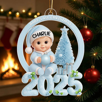 Personalized Baby First Christmas Acrylic Ornament with Pink Tree – Custom Keepsake Acrylic Ornament for Newborn – Unique Holiday Gift for New Parents
