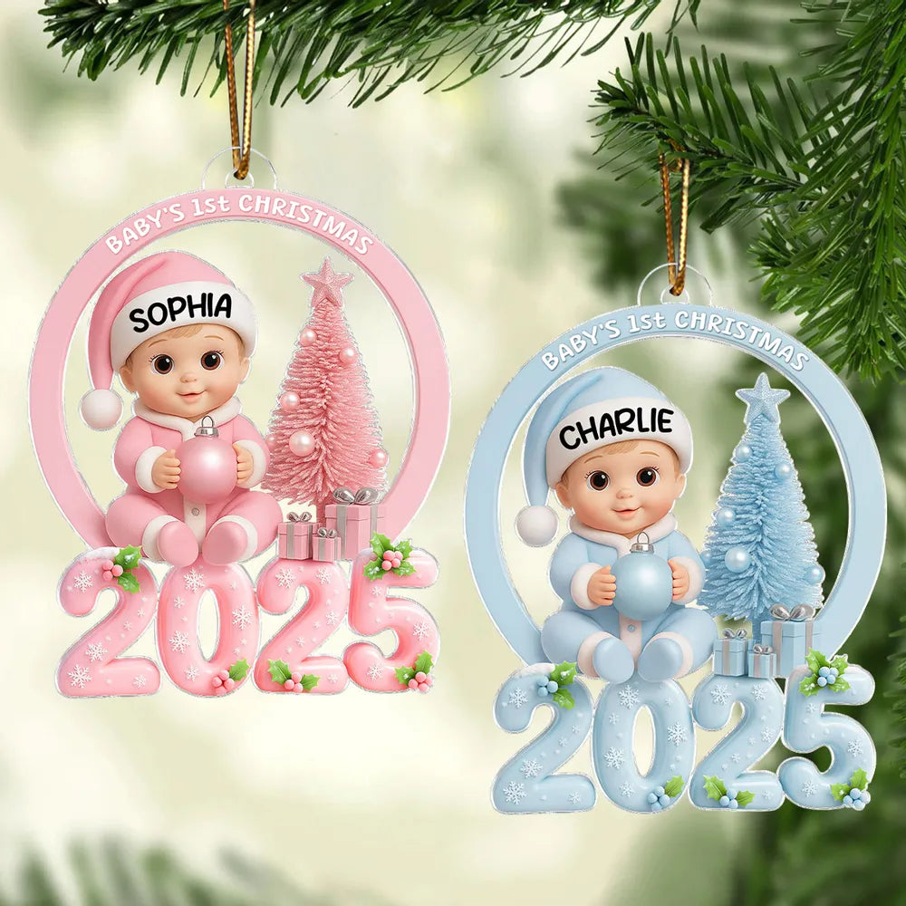 Personalized Baby First Christmas Acrylic Ornament with Pink Tree – Custom Keepsake Acrylic Ornament for Newborn – Unique Holiday Gift for New Parents