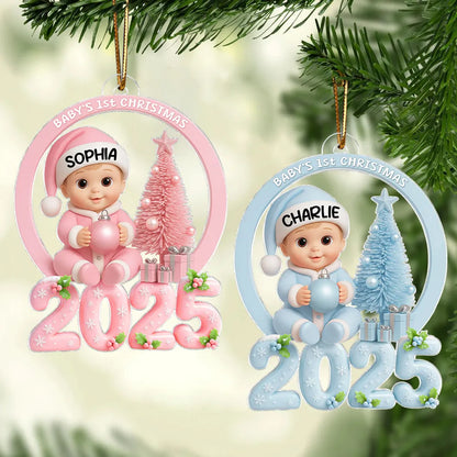 Personalized Baby First Christmas Acrylic Ornament with Pink Tree – Custom Keepsake Acrylic Ornament for Newborn – Unique Holiday Gift for New Parents