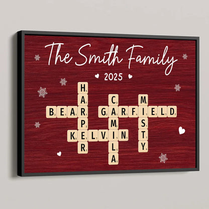 Personalized Family Name Poster with Crossword Tiles, Custom Wall Art for a Cozy Holiday Home, Unique Gift for Loved Ones or Housewarming