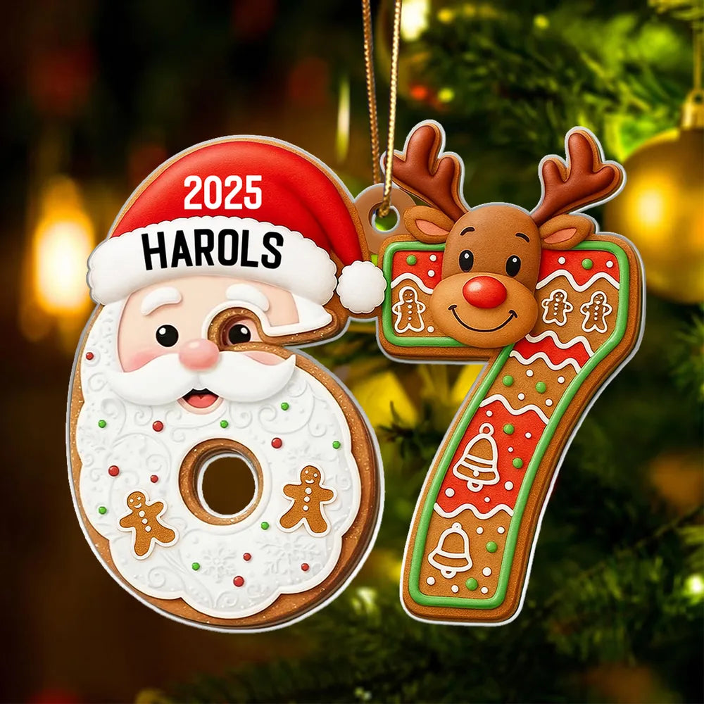 Custom Teen 6 7 Acrylic Ornament with Santa Claus & Reindeer, Funny Gen Z Christmas Tree Keepsake, Unique Gift for Kids