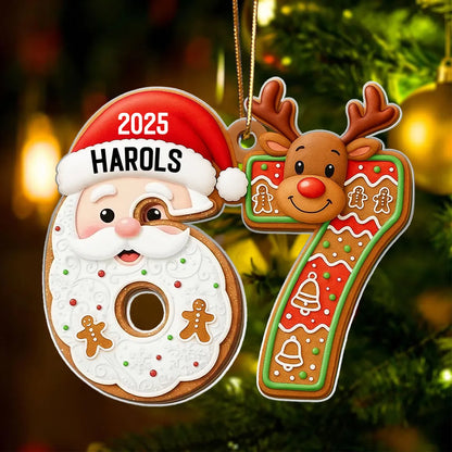 Custom Teen 6 7 Acrylic Ornament with Santa Claus & Reindeer, Funny Gen Z Christmas Tree Keepsake, Unique Gift for Kids