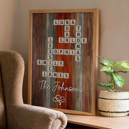 Personalized Family Name Poster Crossword Wall Art – Rustic Colorful Wood Decor, Heartfelt Home Display, Unique Gift for Parents & Loved Ones