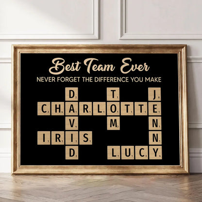 Best Team Ever Personalized Poster with Crossword Tile Art, Office Wall Decor, Meaningful Thank You Gift for Coworkers & Boss
