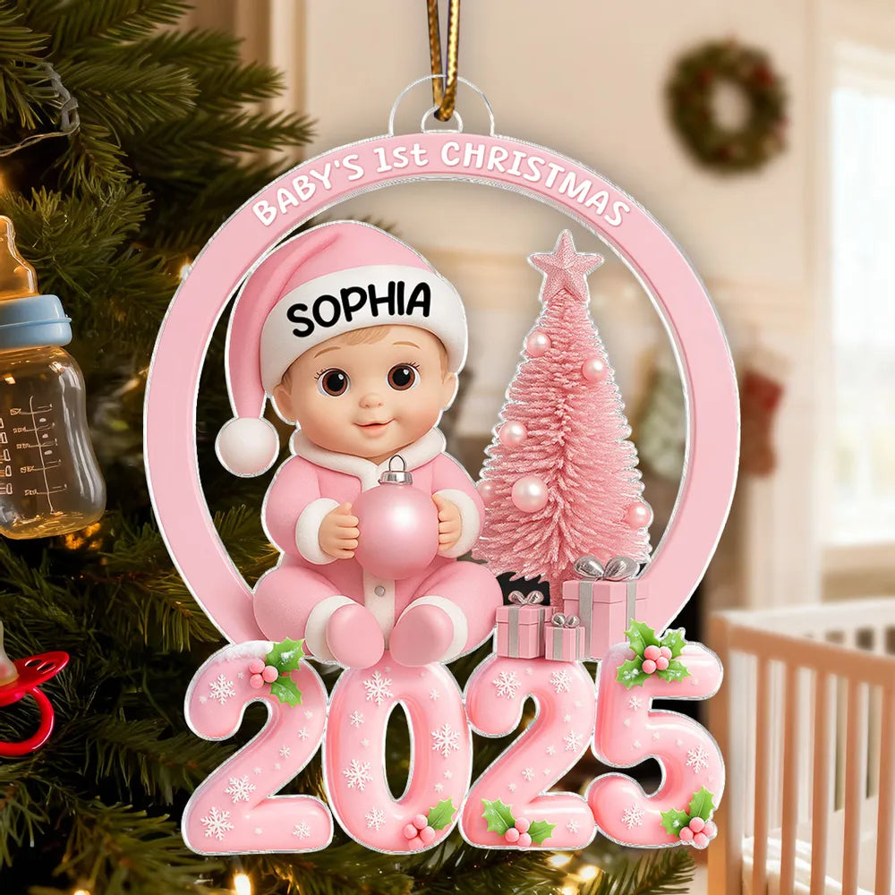 Personalized Baby First Christmas Acrylic Ornament with Pink Tree – Custom Keepsake Acrylic Ornament for Newborn – Unique Holiday Gift for New Parents
