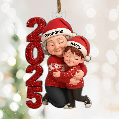 Acrylic Ornament - Personalized Grandma & Grandchild Hugging, Snowy Window - Christmas Keepsake, Unique Gift for Grandma