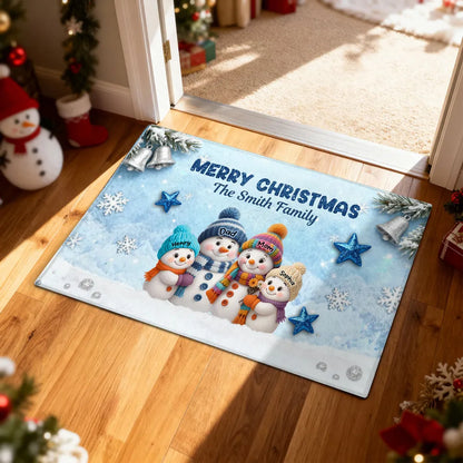 Doormat - Personalized Snowman Family Christmas Welcome, Non-Slip & Easy-Clean, cozy entryway decor, unique gift for families