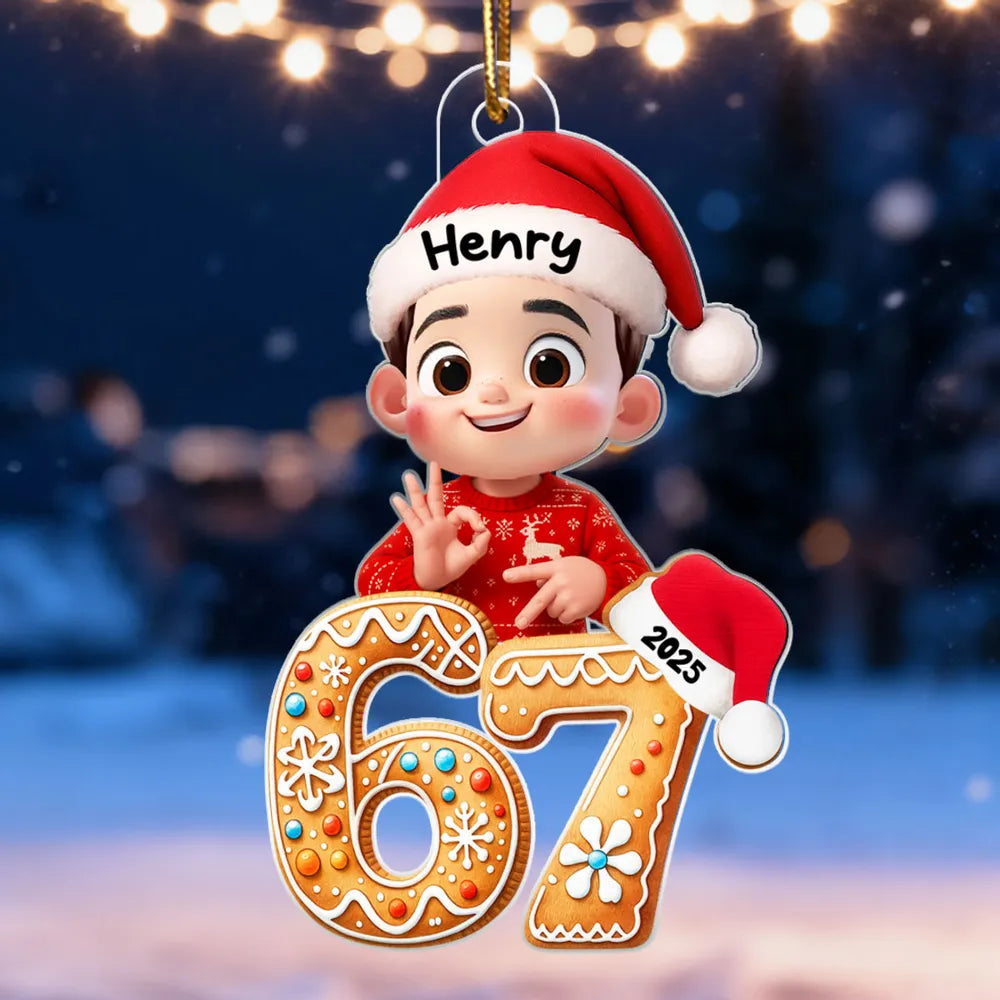 Personalized Acrylic Ornament with Cute Teen Six Seven Gesture – Gingerbread Number Christmas Decor & Unique Grandkid Gift