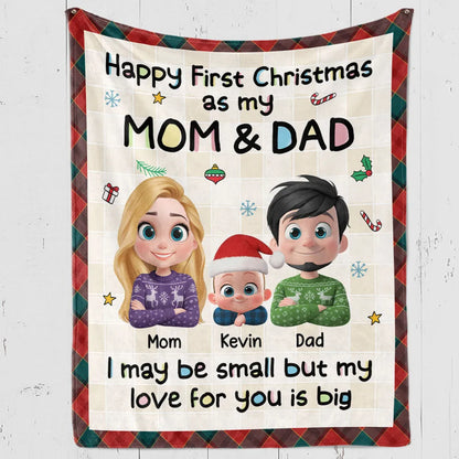 Personalized First Christmas Mom & Dad Fleece Blanket, Cute Cartoon Family, Cozy Keepsake, Unique New Baby Gift