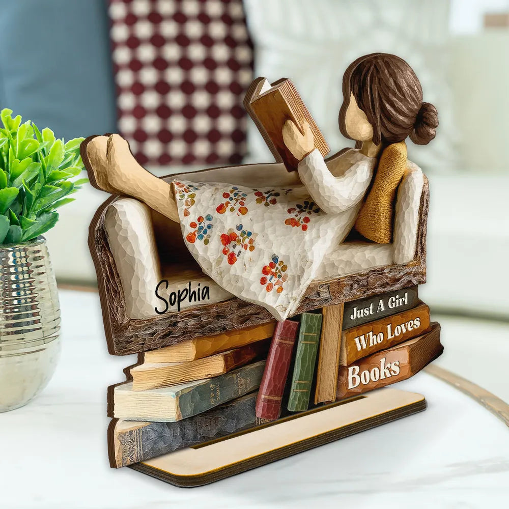 Wooden Plaque - Girl Reading on Sofa, Rustic Book Lover Decor, Personalized, Unique Gift for Daughter or Friend
