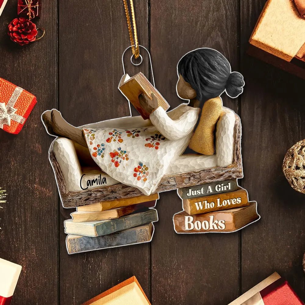 Personalized Acrylic Ornament for Book Lovers, cozy sofa reading scene, unique Christmas gift for Daughter or Friend