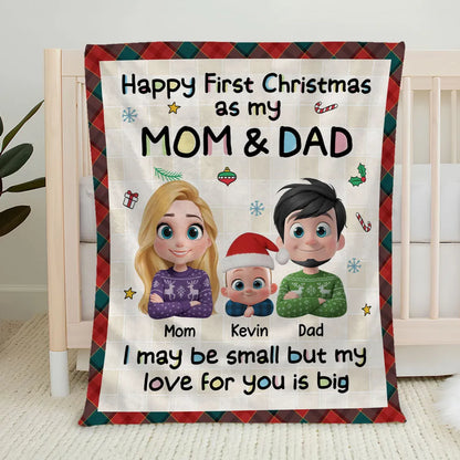 Personalized First Christmas Mom & Dad Fleece Blanket, Cute Cartoon Family, Cozy Keepsake, Unique New Baby Gift