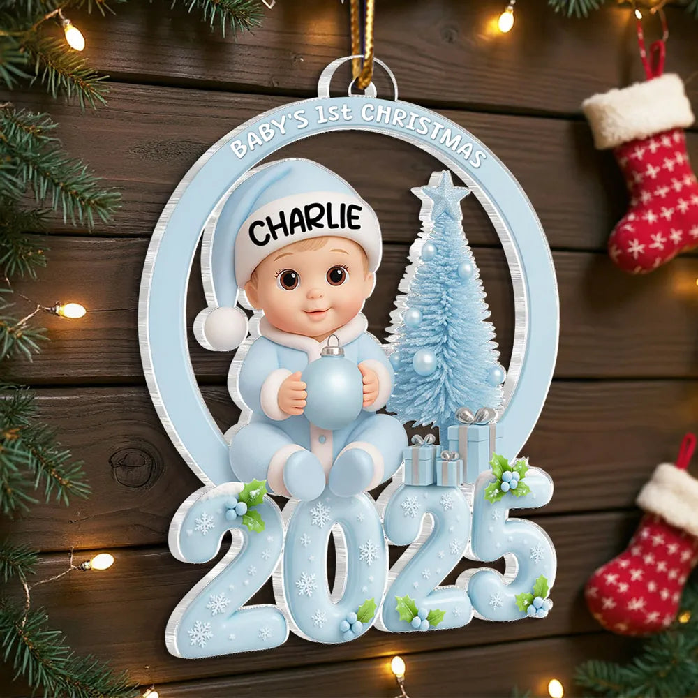 Personalized Baby First Christmas Acrylic Ornament with Pink Tree – Custom Keepsake Acrylic Ornament for Newborn – Unique Holiday Gift for New Parents