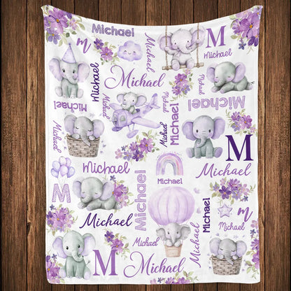 Custom Name Baby Fleece Blanket with Cute Pink Elephant Illustrations, Lightweight Cozy Throw, Adorable Personalized Gift