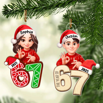 Personalized Acrylic Ornament with Cute Teen Six Seven Gesture – Gingerbread Number Christmas Decor & Unique Grandkid Gift