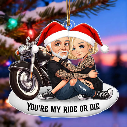 Acrylic Ornament Personalized for Riding Partners, Hugging Biker Couple on a Motorcycle, Unique Romantic Gift