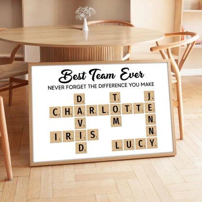 Best Team Ever Personalized Poster with Crossword Tile Art, Office Wall Decor, Meaningful Thank You Gift for Coworkers & Boss