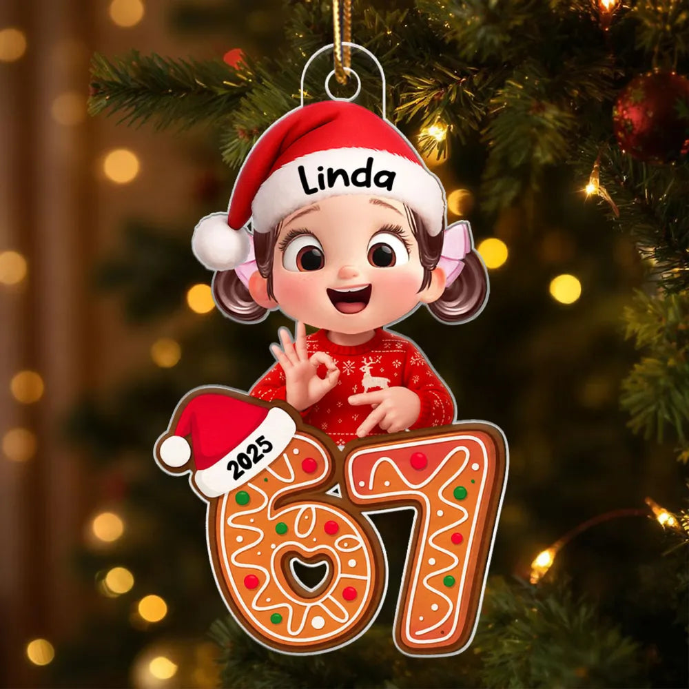Personalized Acrylic Ornament with Cute Teen Six Seven Gesture – Gingerbread Number Christmas Decor & Unique Grandkid Gift