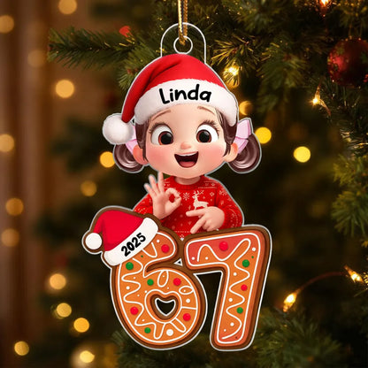 Personalized Acrylic Ornament with Cute Teen Six Seven Gesture – Gingerbread Number Christmas Decor & Unique Grandkid Gift