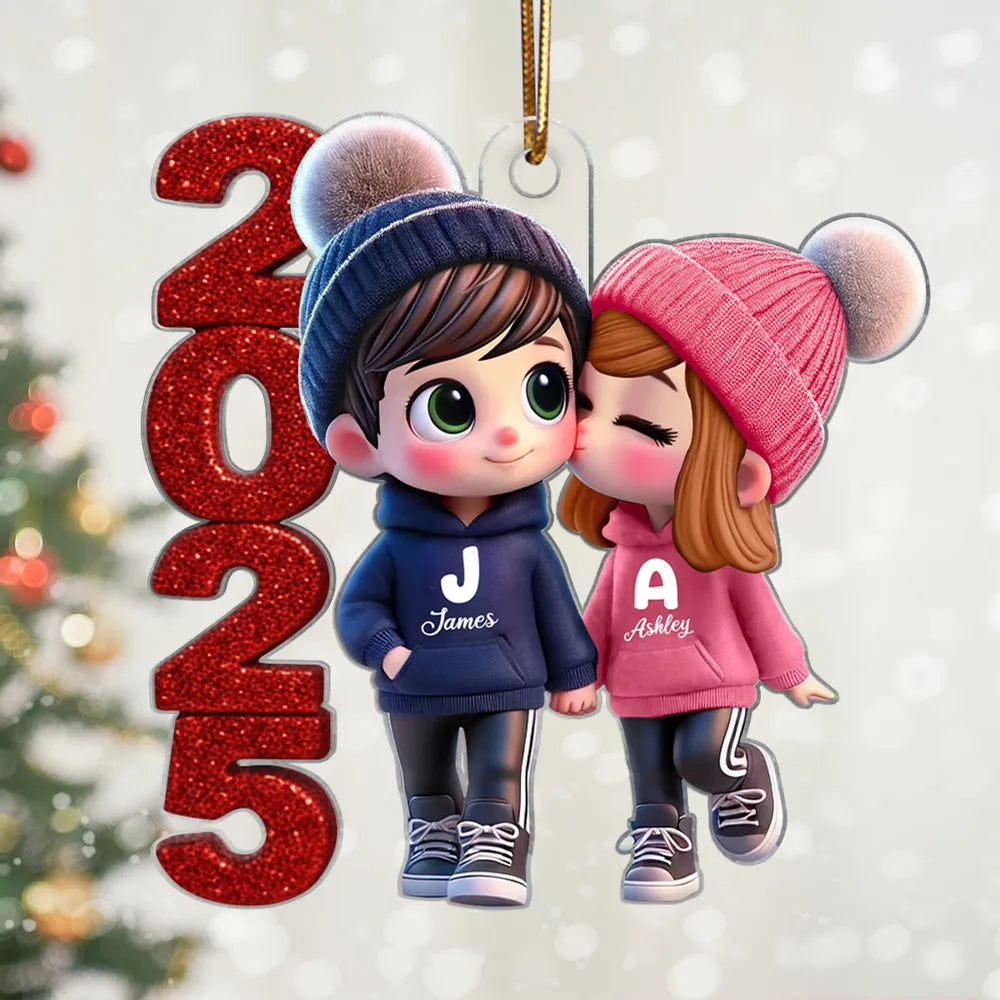 Acrylic Ornament - Cute Couple Kiss, winter hats, Christmas tree decor, romantic keepsake, unique gift for couples