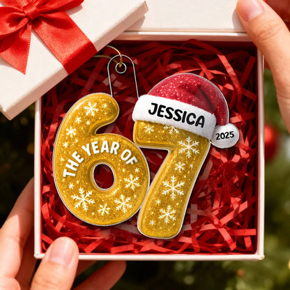 Personalized Acrylic Ornament 67 with Santa Hat Design, Custom Christmas Tree Decor, Festive Keepsake and Unique Holiday Gift