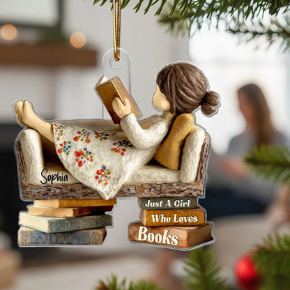 Personalized Acrylic Ornament for Book Lovers, cozy sofa reading scene, unique Christmas gift for Daughter or Friend