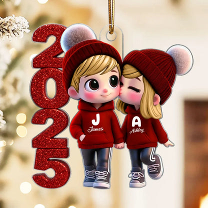 Acrylic Ornament - Cute Couple Kiss, winter hats, Christmas tree decor, romantic keepsake, unique gift for couples