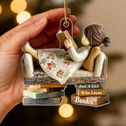 Personalized Acrylic Ornament for Book Lovers, cozy sofa reading scene, unique Christmas gift for Daughter or Friend