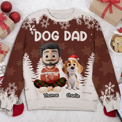 Personalized Dog Dad Printed Sweatshirt with Custom Cartoon Man and Puppy, Cozy Christmas Gift for Proud Pet Lovers