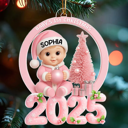 Personalized Baby First Christmas Acrylic Ornament with Pink Tree – Custom Keepsake Acrylic Ornament for Newborn – Unique Holiday Gift for New Parents