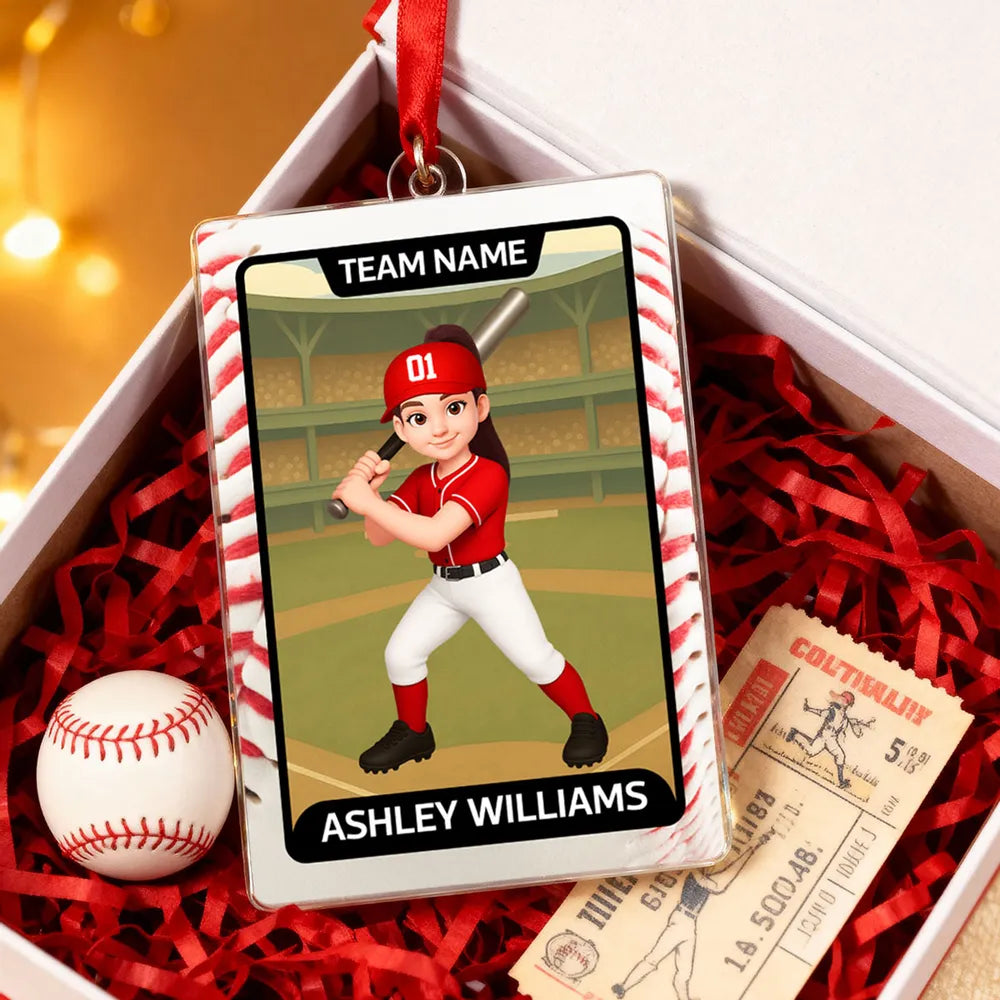 Baseball Card Acrylic Ornament, Cute Batting Pose, unique Christmas gift for Son, Daughter, Grandson or Granddaughter