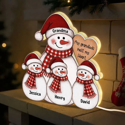 Acrylic Light Box Snowman Grandma & Grandkids, Christmas folk art, warm glow, unique gift for Grandma