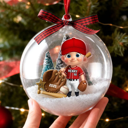 Snow Globe Ornament with Baseball Player - Personalized, Clear Acrylic, Winter Scene, a Unique Gift for Kids & Grandkids