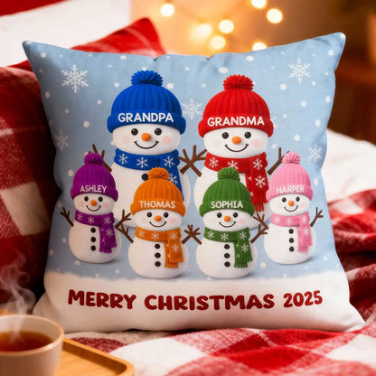 Square Pillow with Cute Snowman Family, plush velvet feel, festive room accent and creative gift for Grandma & Grandpa