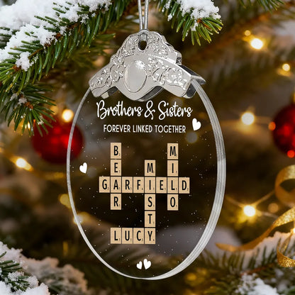 Silver Capped Glass Ornament with siblings crossword tiles, cozy tree display, warm family keepsake, gift-ready decoration for Christmas gatherings