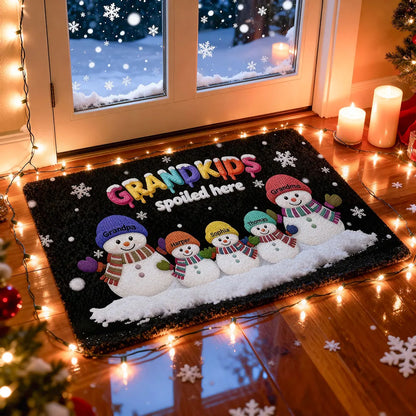 Doormat Personalized Snowman Family for Entryway, Grandkids Spoiled Here, cozy winter look, unique gift for Grandparents