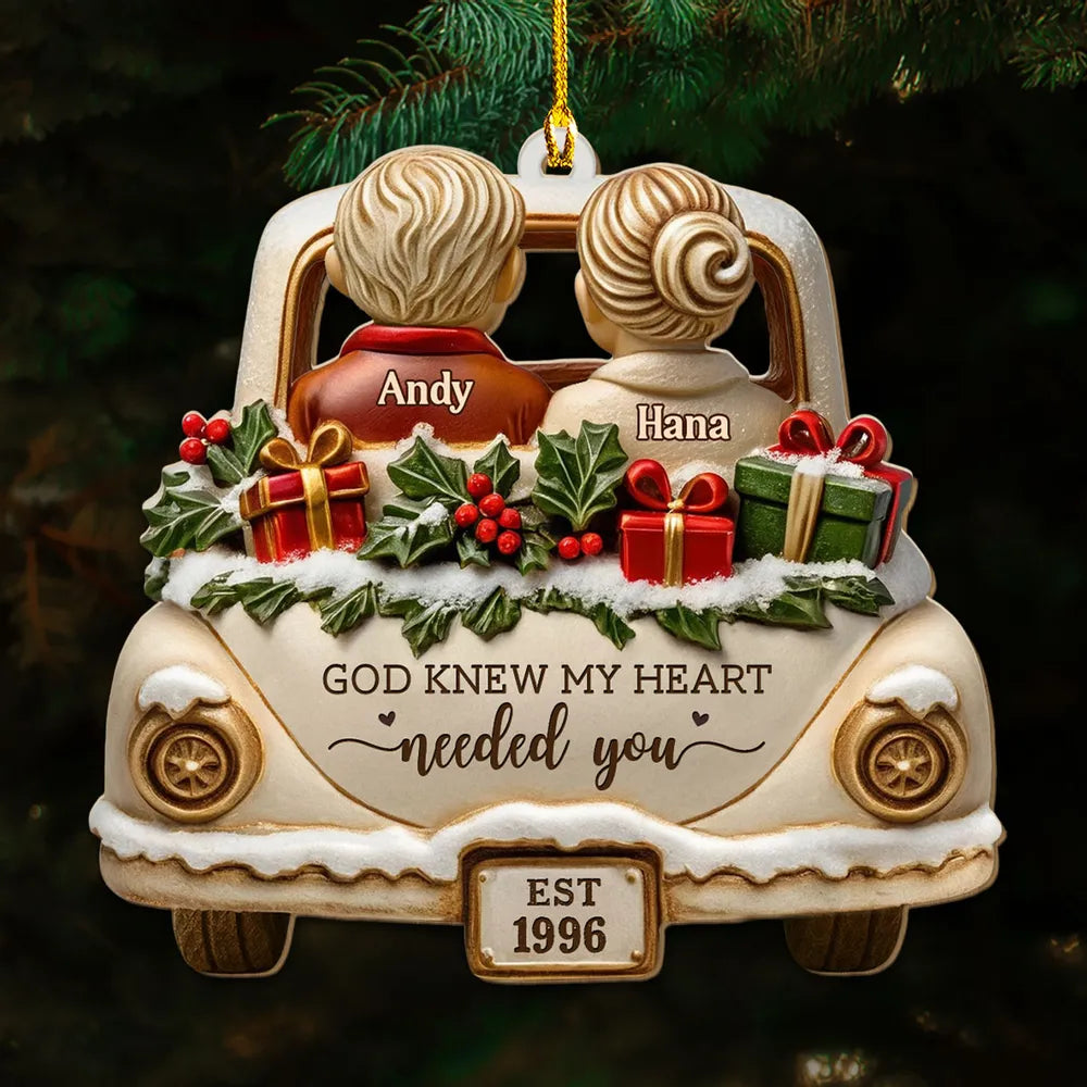 Personalized Acrylic Ornament, Couple in Snowy Car, God Knew My Heart Needed You, Unique Gift