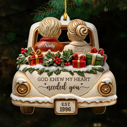 Personalized Acrylic Ornament, Couple in Snowy Car, God Knew My Heart Needed You, Unique Gift
