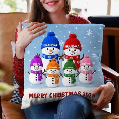 Square Pillow with Cute Snowman Family, plush velvet feel, festive room accent and creative gift for Grandma & Grandpa