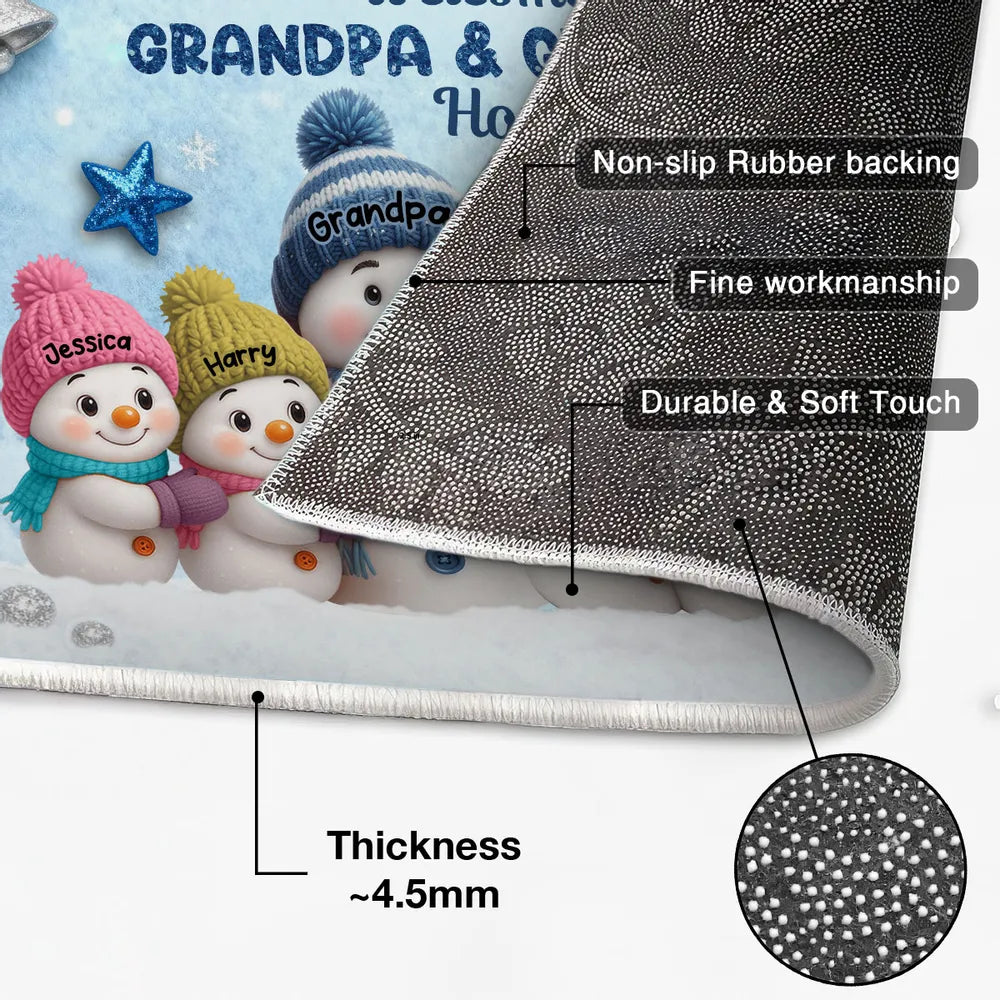 Welcome To Grandparents' House! Personalized Snowman Winter Non-Slip Standard Doormat, Festive Porch Decor Mat, Family Entrance Gift