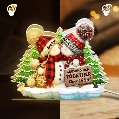 Acrylic Light Box, Snowman Couple Hug in Winter Pines, Warm Glow Decor, Growing Old Together, Unique Gift for Couples