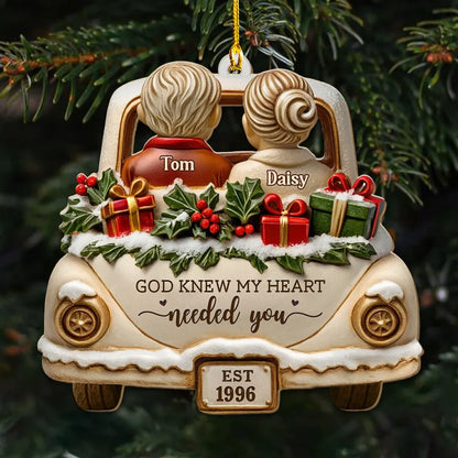 Personalized Acrylic Ornament, Couple in Snowy Car, God Knew My Heart Needed You, Unique Gift