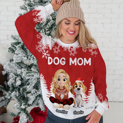 Personalized Dog Mom Printed Sweatshirt with Cartoon Portrait & Puppy, Festive Snowflake Design, Unique Christmas Gift for Pet Lovers