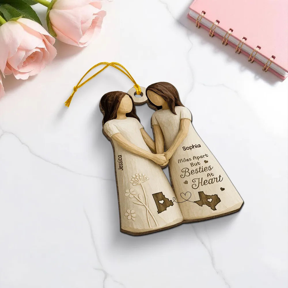 Personalized Wooden Ornament Best Friends Holding Hands, Simple Neutral Decor, Unique Besties Gift for Her
