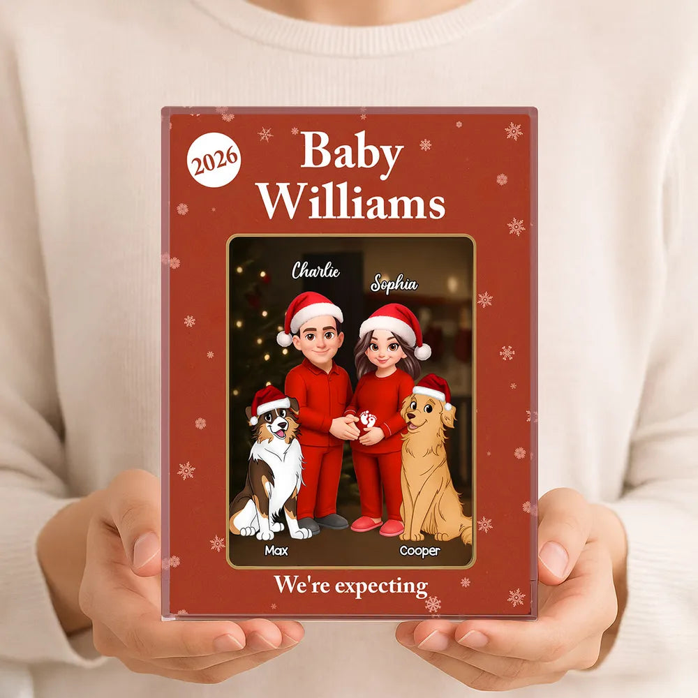 Acrylic Block Plaque Expecting Couple With Dogs, Christmas Santa Hats, Cute Cartoon, a Unique Gift for New Parents