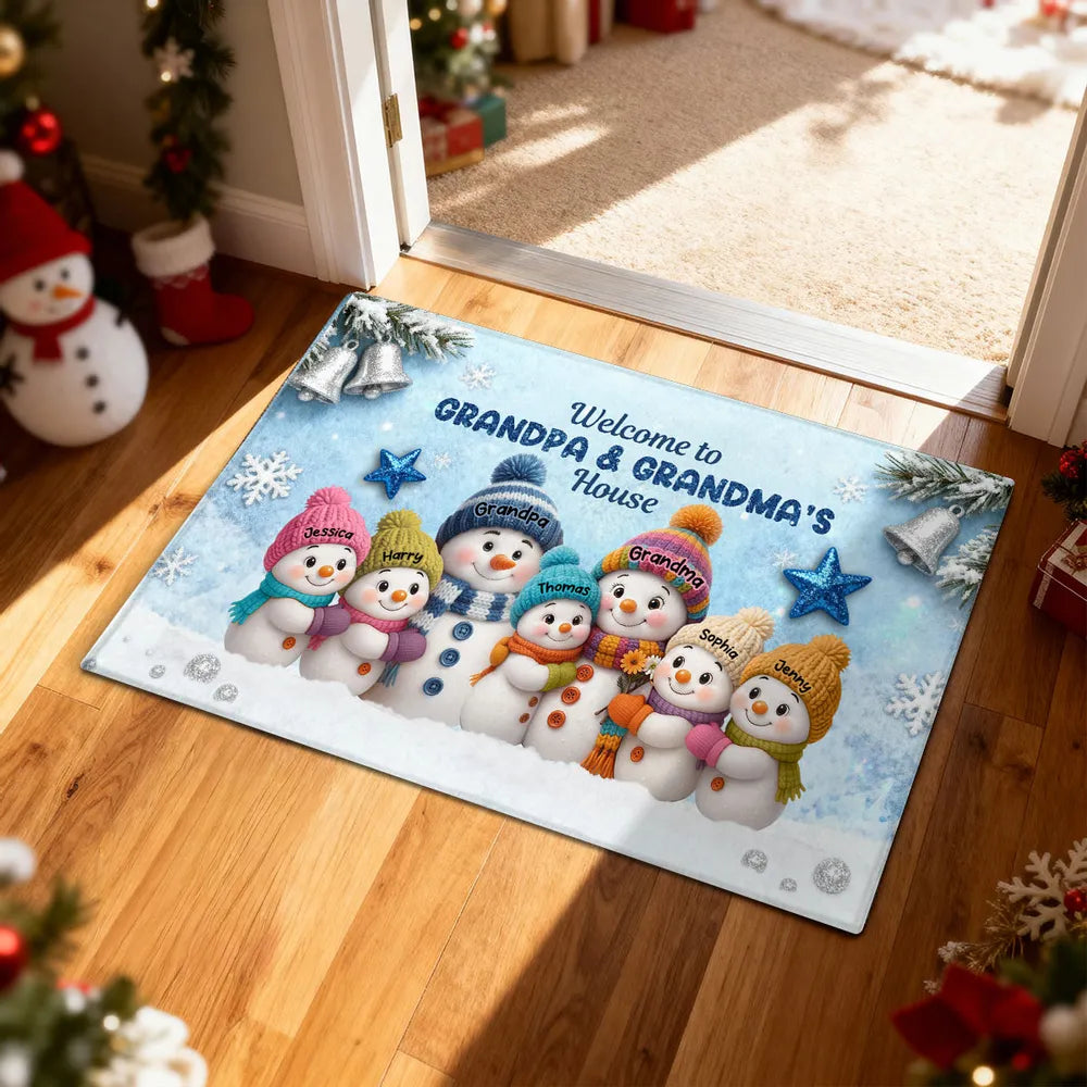Welcome To Grandparents' House! Personalized Snowman Winter Non-Slip Standard Doormat, Festive Porch Decor Mat, Family Entrance Gift